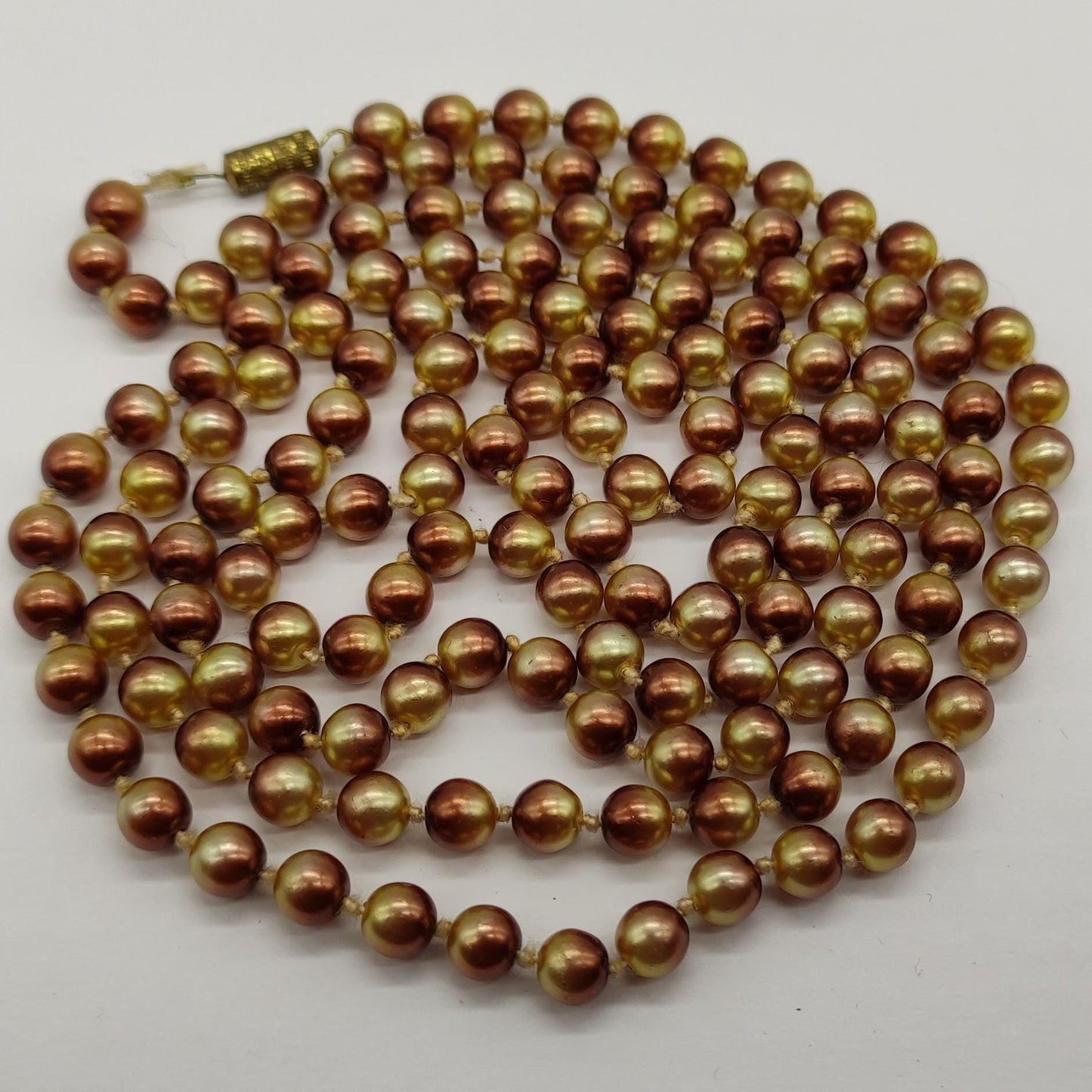 Vintage Bronze Pearl Necklace: Extra Long Hand Knotted Strand