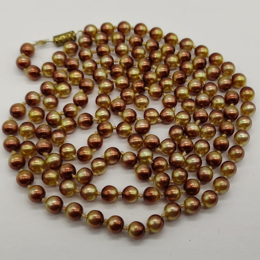 Vintage Bronze Pearl Necklace: Extra Long Hand Knotted Strand