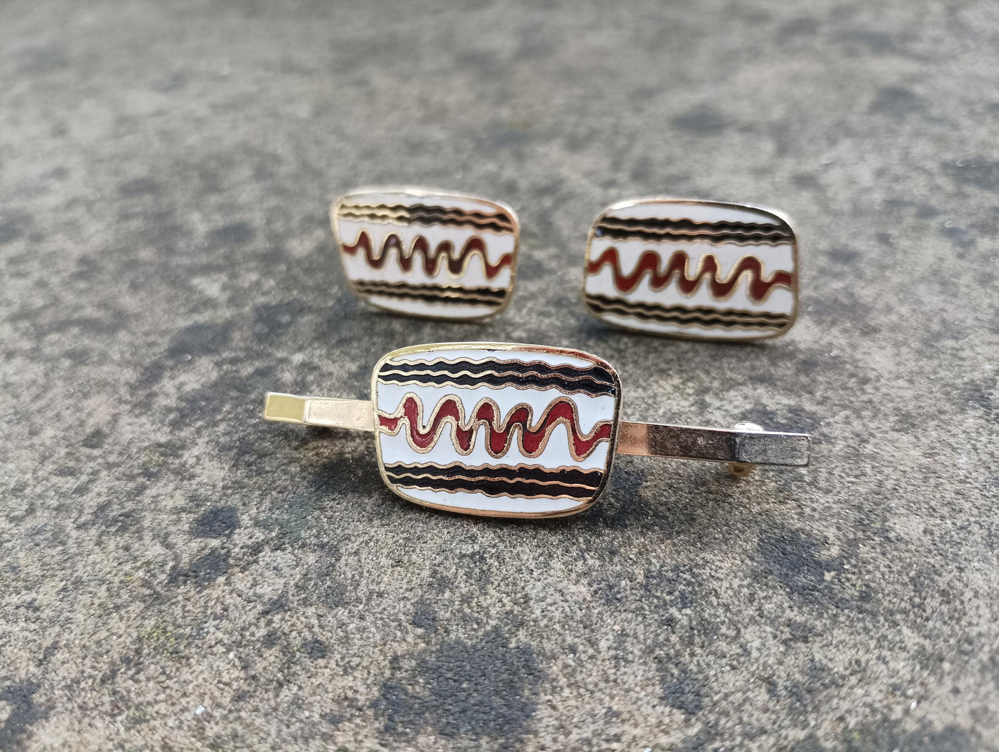Vintage 90s Abstract Wave Cufflinks and Tie Pin Set