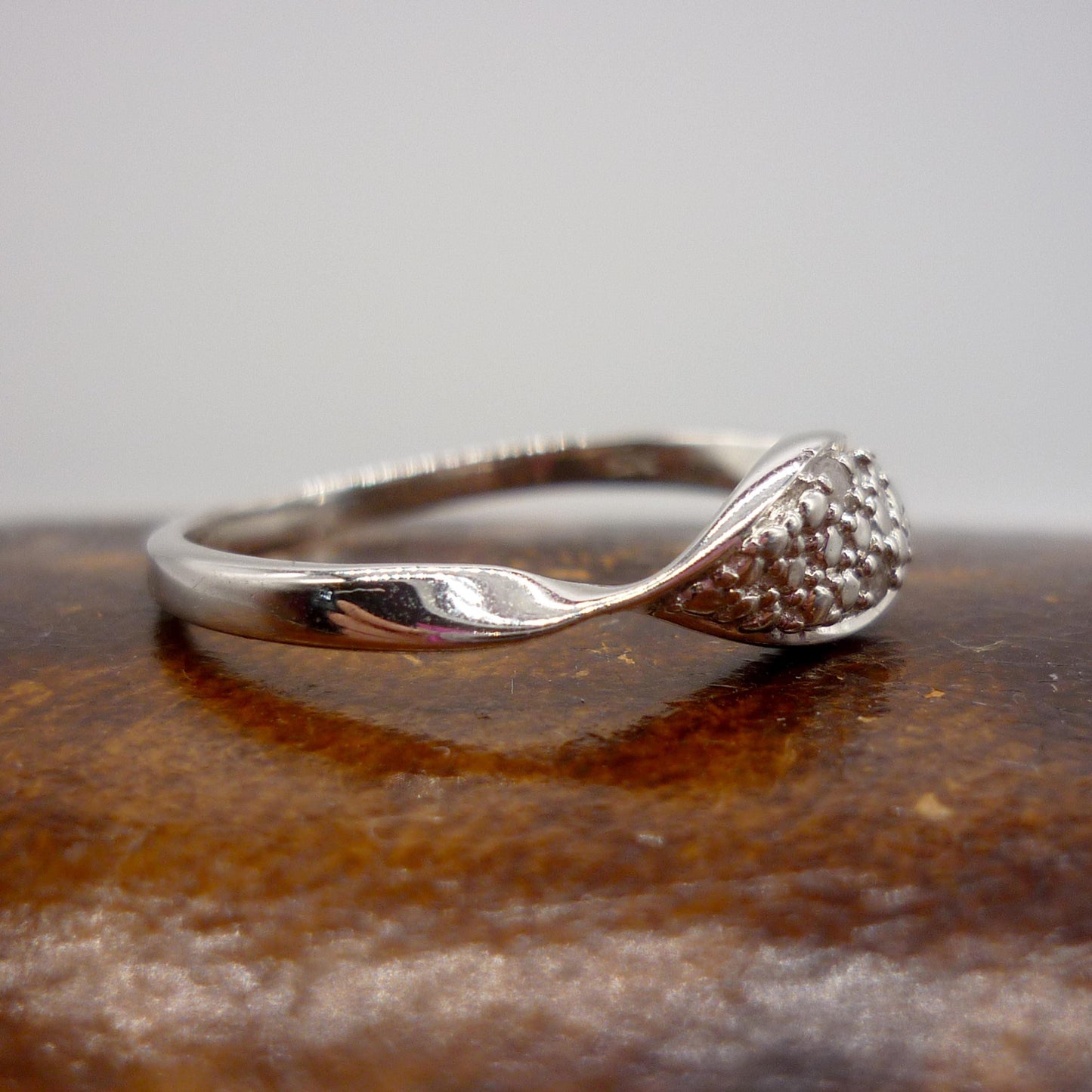 Dainty Silver Crossover Ring with Diamonds - Size 7