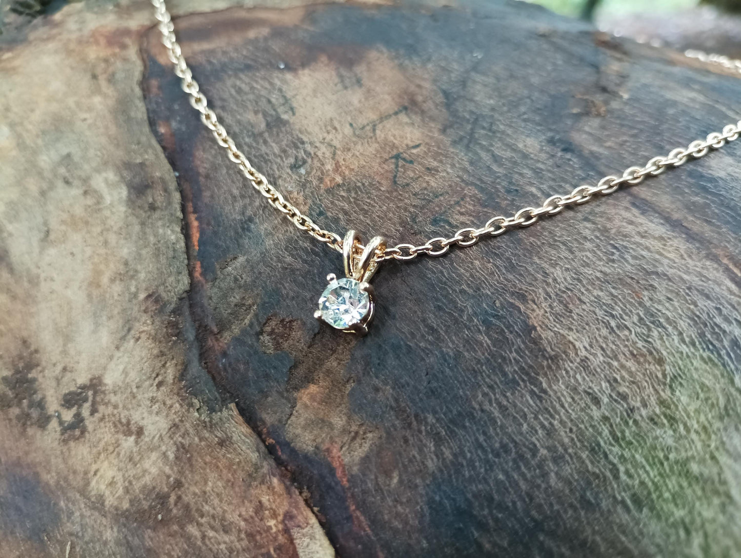 Vintage Gold Plated CZ Solitaire Pendant Necklace
