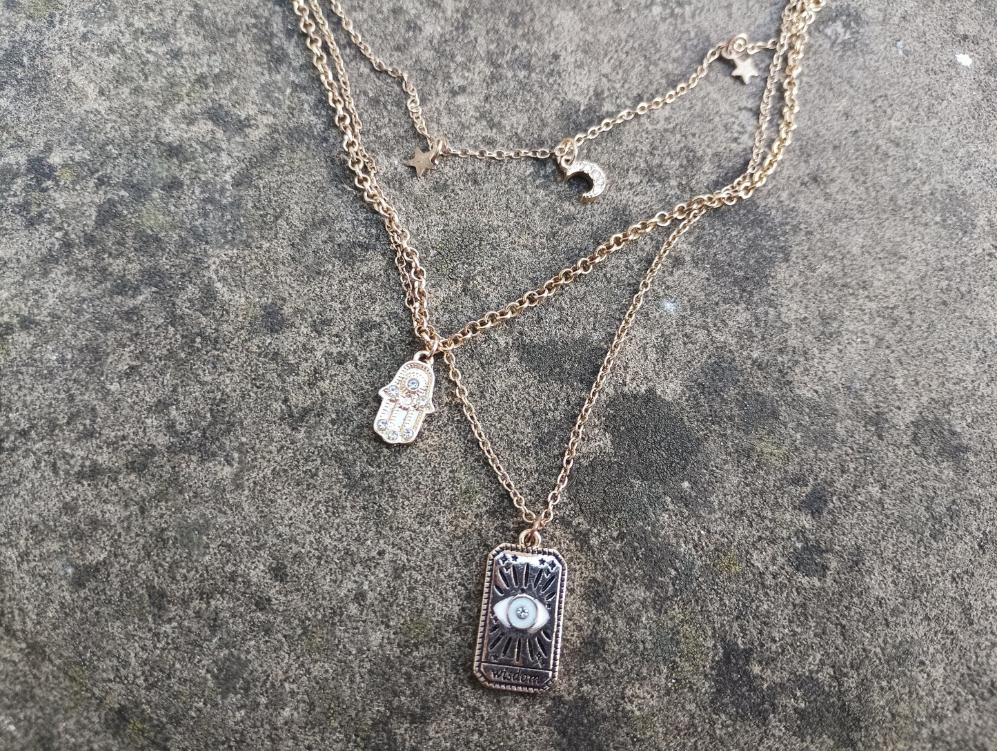 Vintage Gold Toned Layered Necklace: Mystic Boho Jewelry