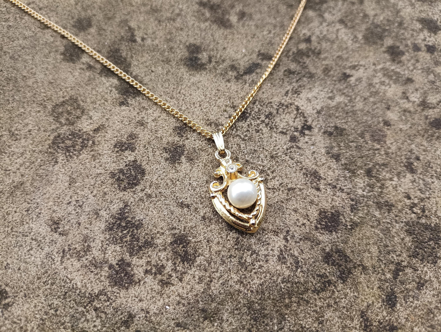 Vintage Gold Plated Necklace: Faux Pearl & Diamond Shield Pendant