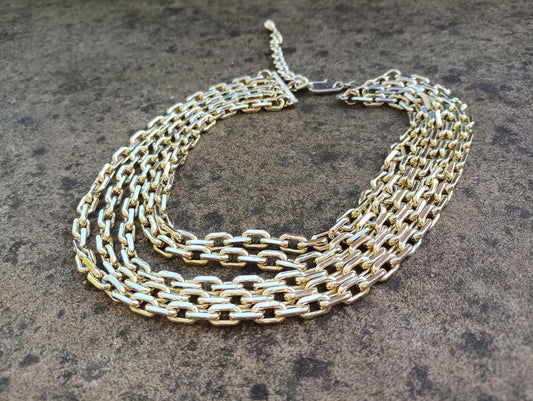 Vintage Gold Toned Bib Necklace: Chunky Multi-Strand Chain