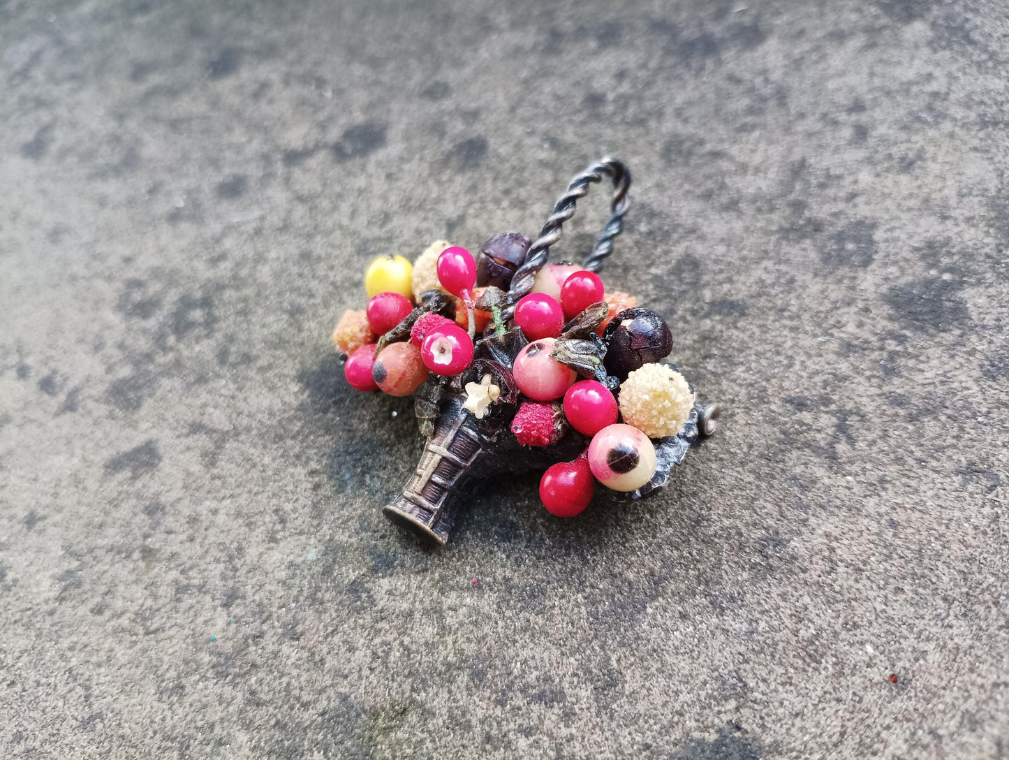 Vintage Beaded Fruit Basket Brooch: 1930s Celluloid Costume Jewelry