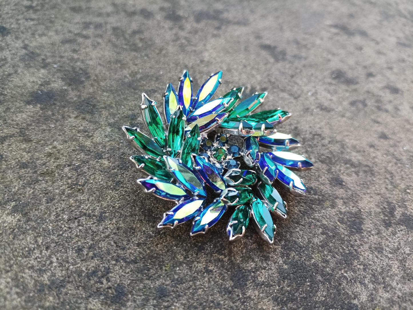 Vintage Aurora Borealis Crystal Brooch: Green Blue Wreath, 1960s Glamour