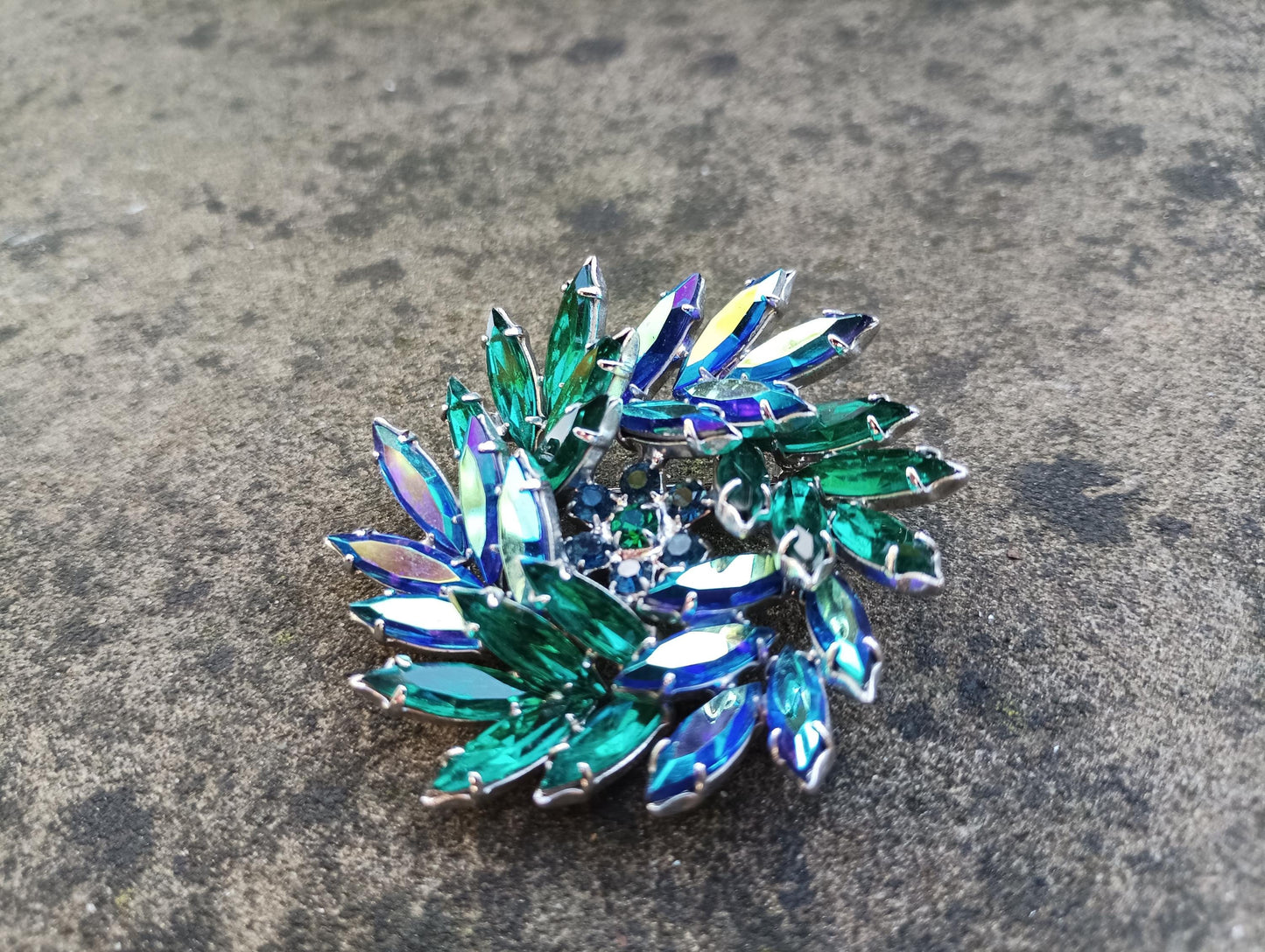 Vintage Aurora Borealis Crystal Brooch: Green Blue Wreath, 1960s Glamour