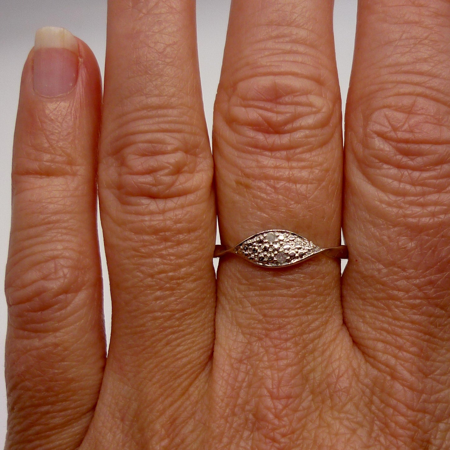 Dainty Silver Crossover Ring with Diamonds - Size 7