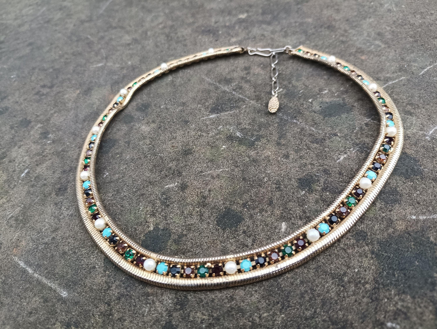 Vintage Rhinestone Choker Necklace: Gold Plated Faux Emerald & Turquoise
