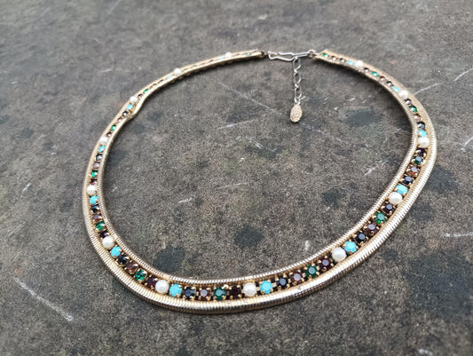 Vintage Rhinestone Choker Necklace: Gold Plated Faux Emerald & Turquoise