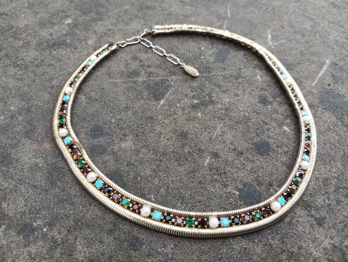 Vintage Rhinestone Choker Necklace: Gold Plated Faux Emerald & Turquoise
