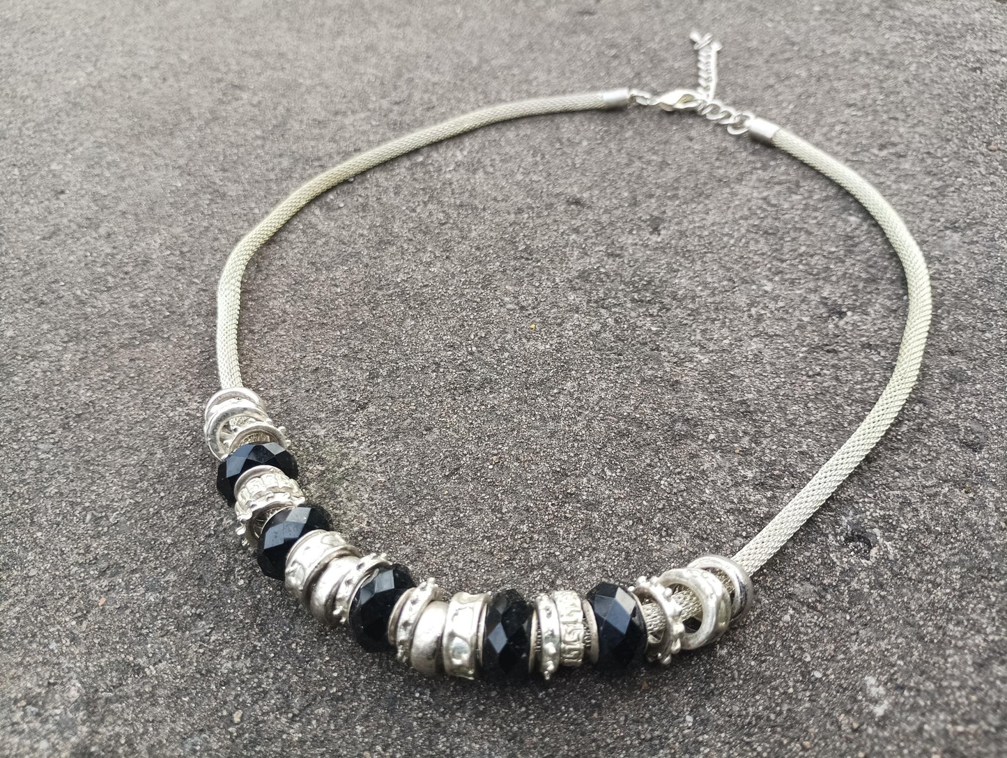 Vintage Mesh Choker Necklace, Black Glass and Sterling Silver Beads, Adjustable