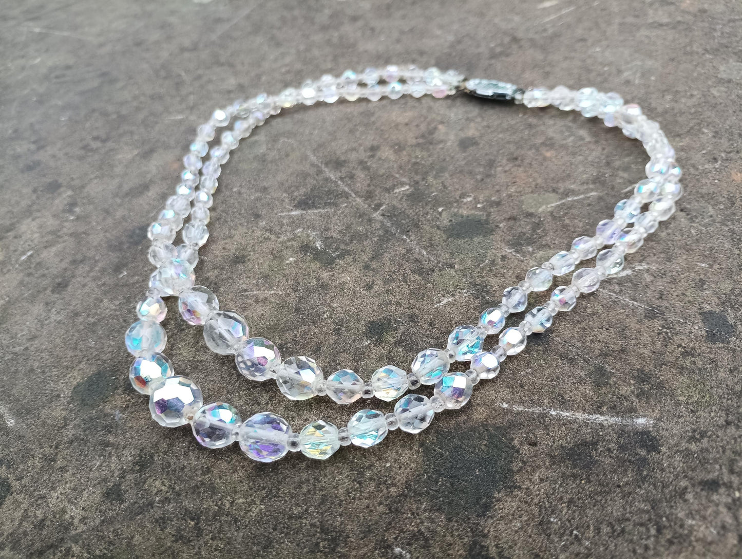 Vintage Aurora Borealis Crystal Bead Necklace: Iridescent Double Strand