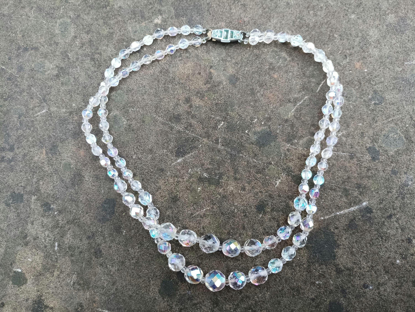 Vintage Aurora Borealis Crystal Bead Necklace: Iridescent Double Strand