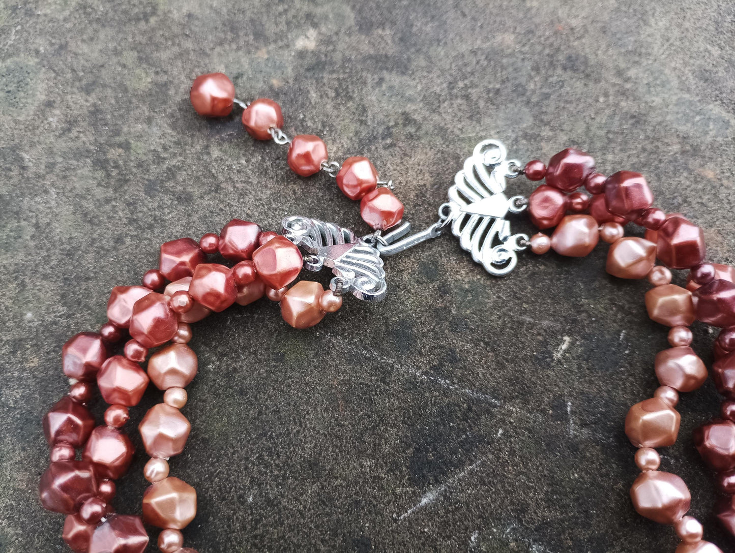 Vintage Pink Red Bead Necklace: Multi Strand Plastic Jewelry