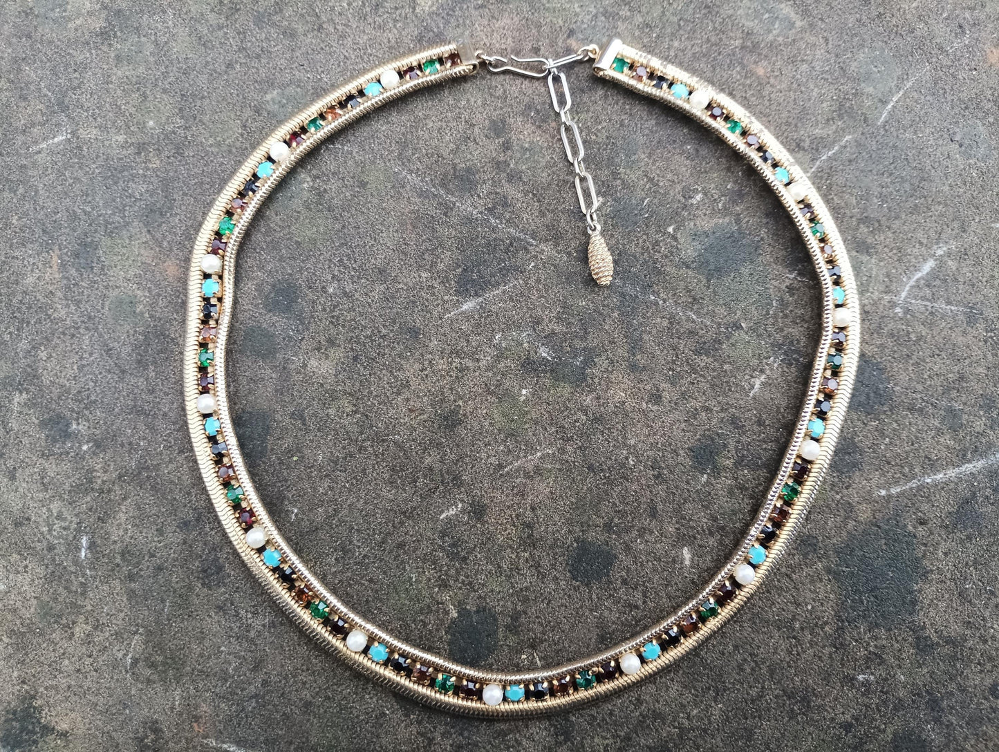 Vintage Rhinestone Choker Necklace: Gold Plated Faux Emerald & Turquoise