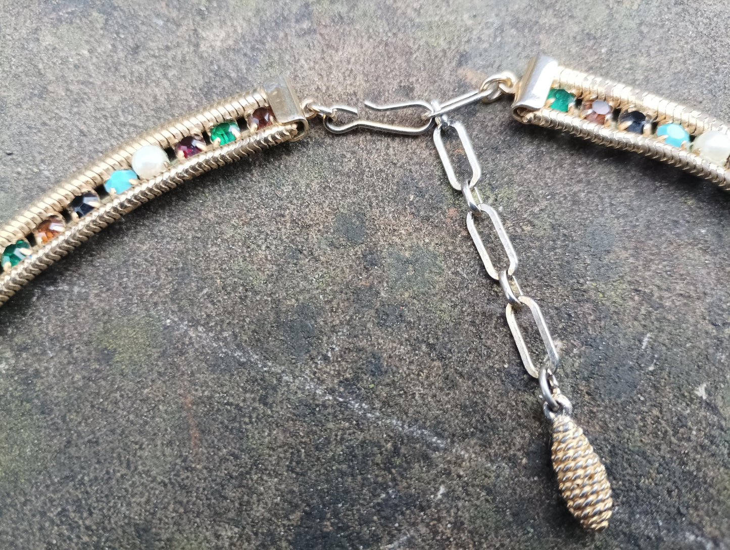 Vintage Rhinestone Choker Necklace: Gold Plated Faux Emerald & Turquoise