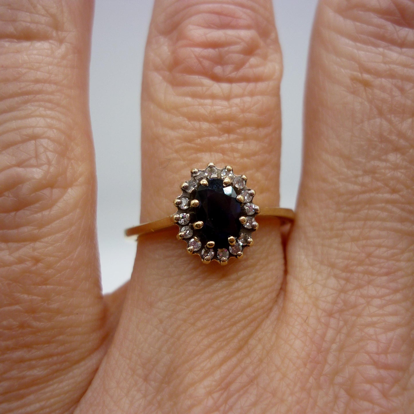 Vintage Sapphire & Diamond Yellow Gold Halo Ring Size 6.25