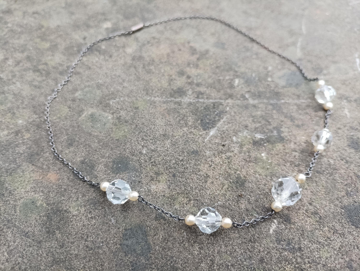 Vintage Crystal Bead Necklace: Faux Pearl Silver Chain, 16.25 Inch