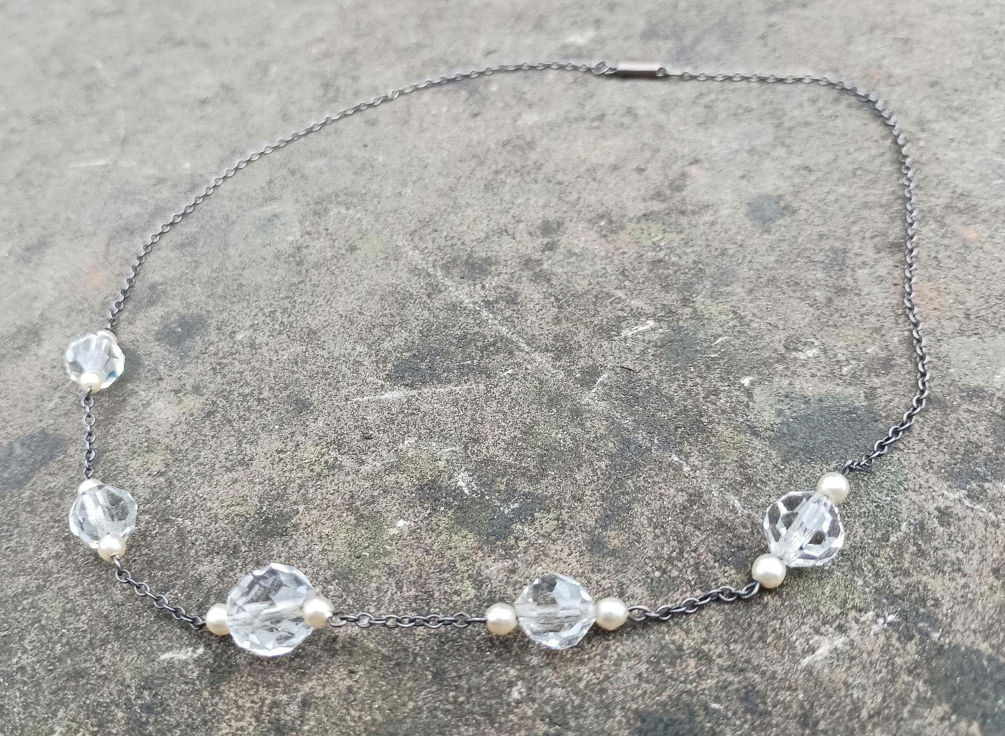 Vintage Crystal Bead Necklace: Faux Pearl Silver Chain, 16.25 Inch