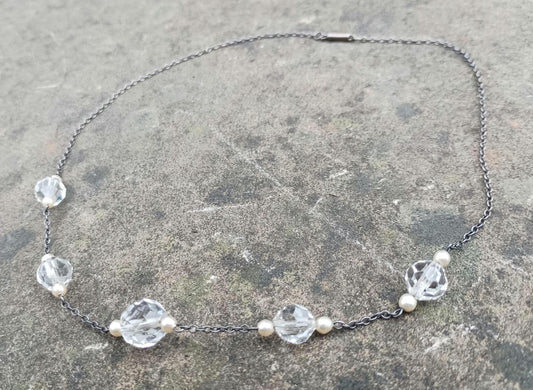 Vintage Crystal Bead Necklace: Faux Pearl Silver Chain, 16.25 Inch