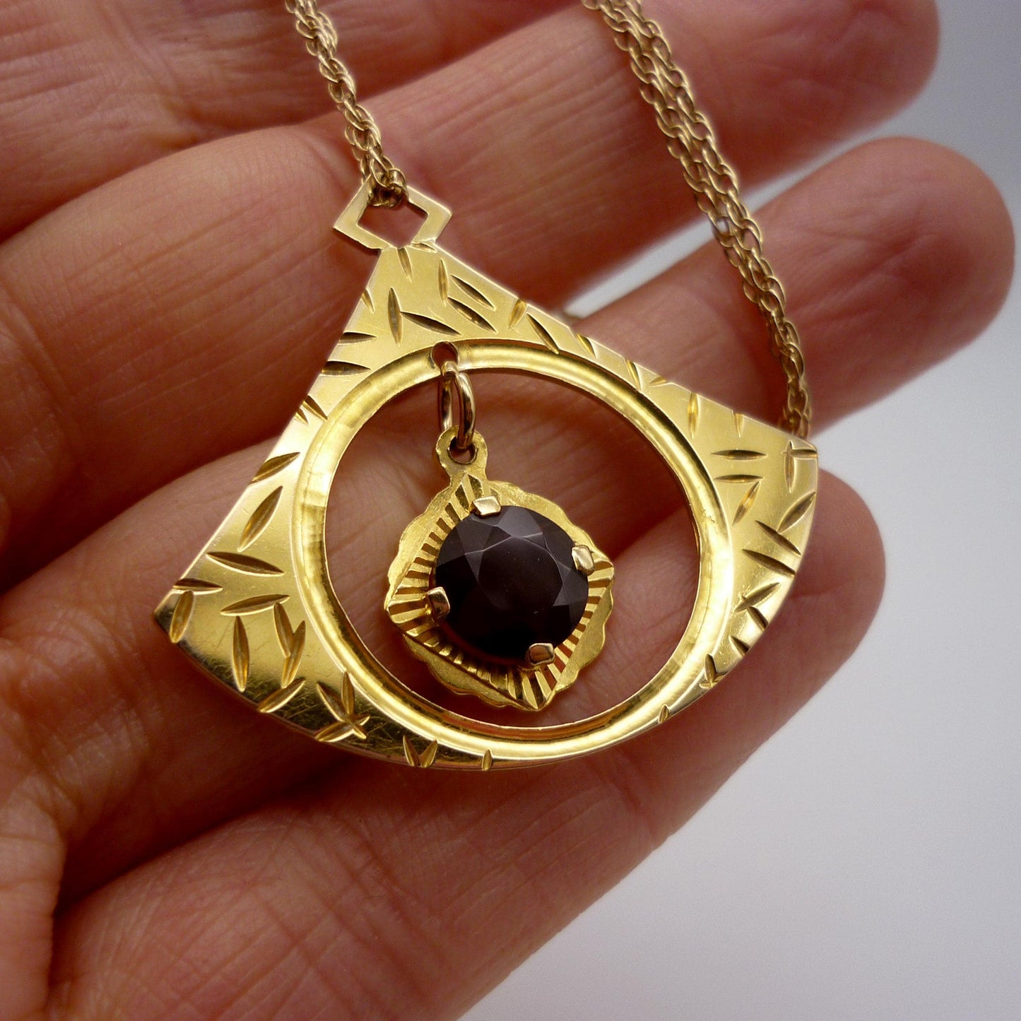 Vintage 1960s Gold Fan Pendant Necklace: Red Spinel, Brody Williams & Sons