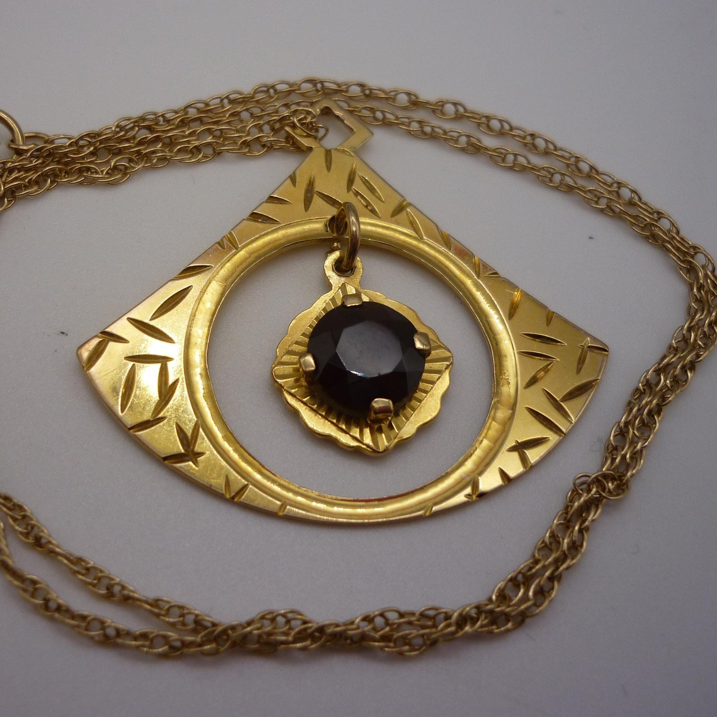 Vintage 1960s Gold Fan Pendant Necklace: Red Spinel, Brody Williams & Sons
