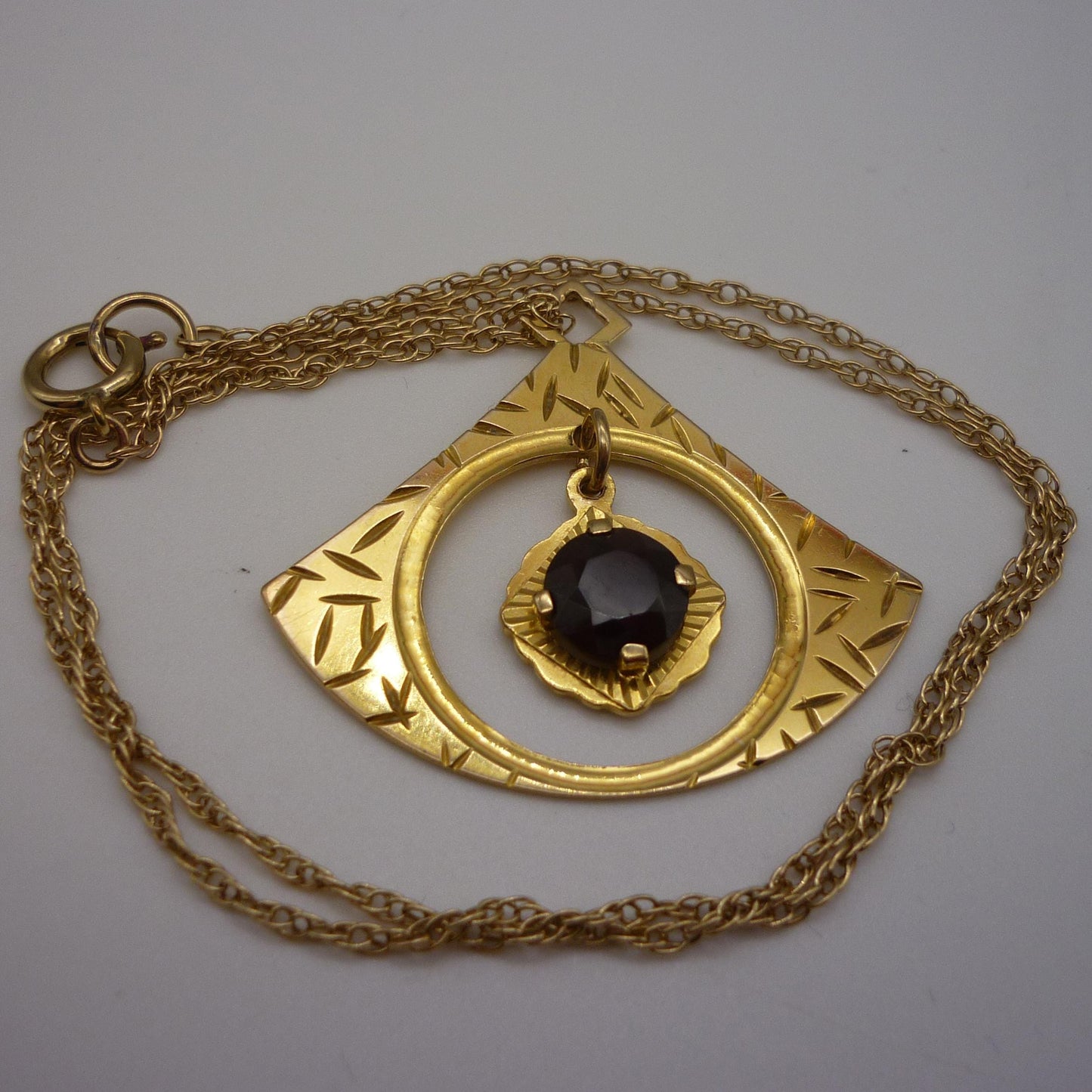 Vintage 1960s Gold Fan Pendant Necklace: Red Spinel, Brody Williams & Sons