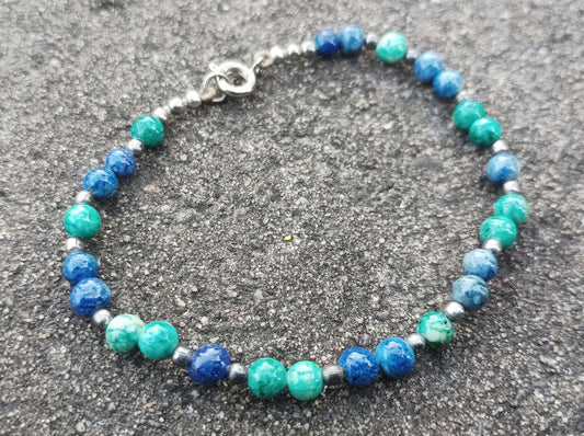 Vintage Green & Blue Stone Bracelet: Chrysocolla, Lapis Lazuli, Silver Beads