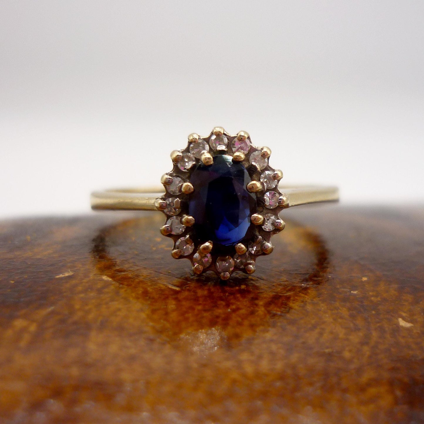 Vintage Sapphire & Diamond Yellow Gold Halo Ring Size 6.25