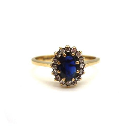 Vintage Sapphire & Diamond Yellow Gold Halo Ring Size 6.25