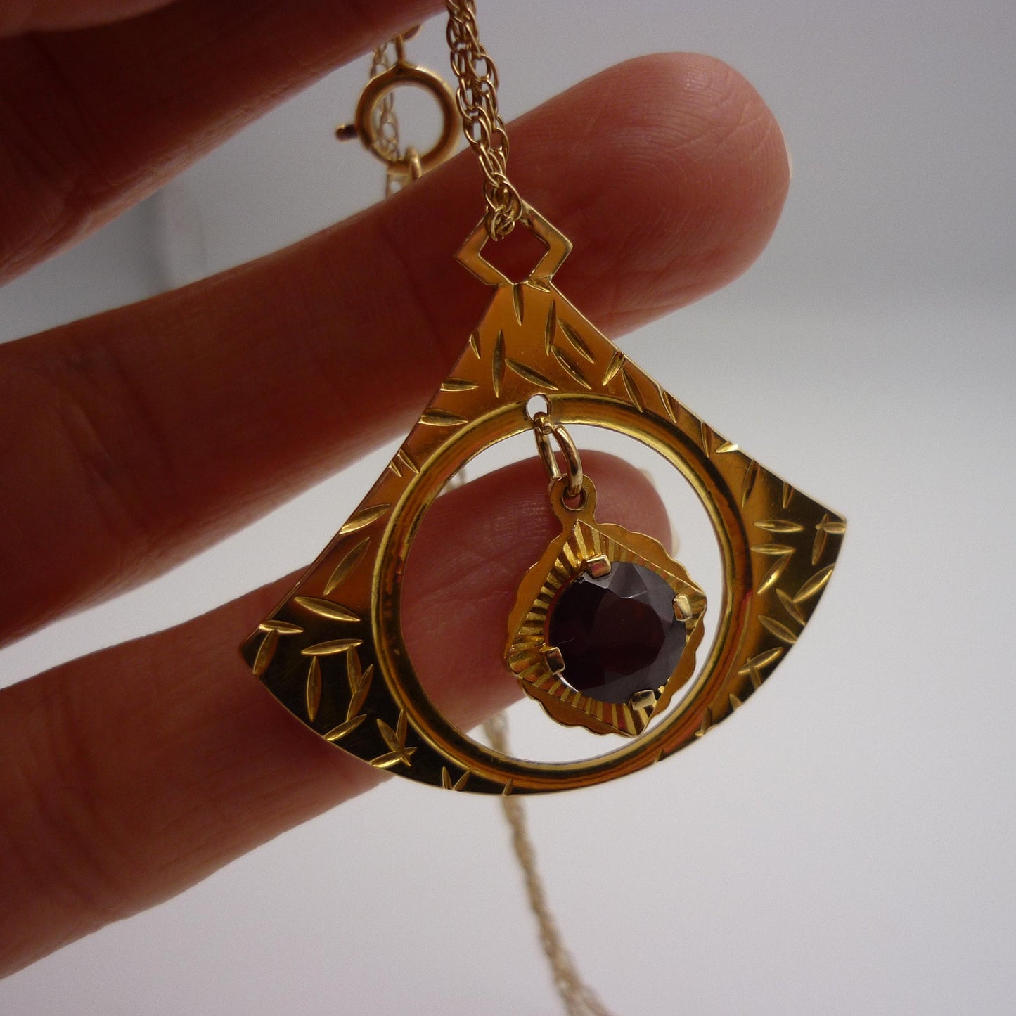 Vintage 1960s Gold Fan Pendant Necklace: Red Spinel, Brody Williams & Sons