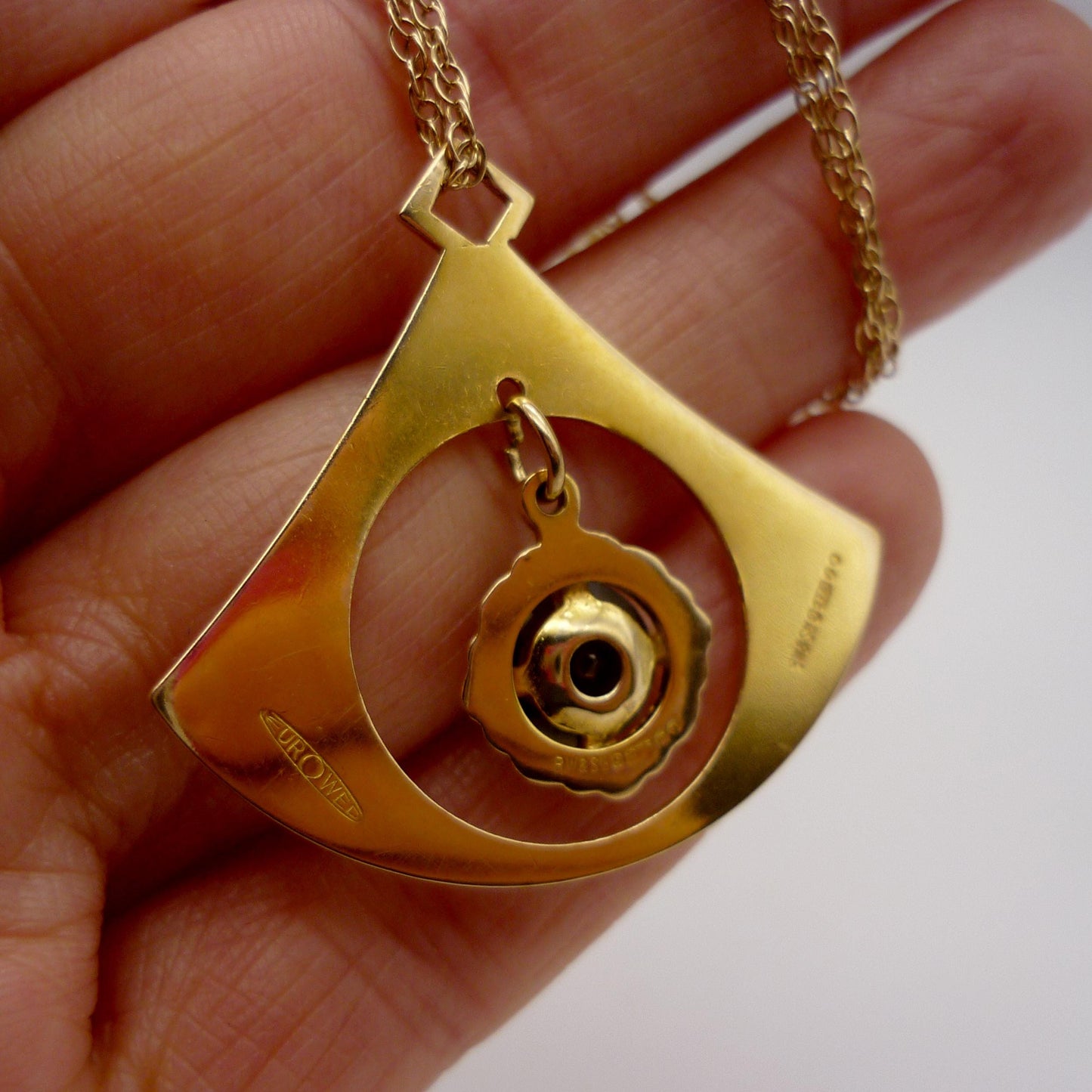 Vintage 1960s Gold Fan Pendant Necklace: Red Spinel, Brody Williams & Sons