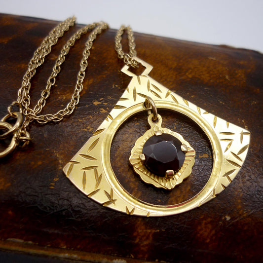 Vintage 1960s Gold Fan Pendant Necklace: Red Spinel, Brody Williams & Sons