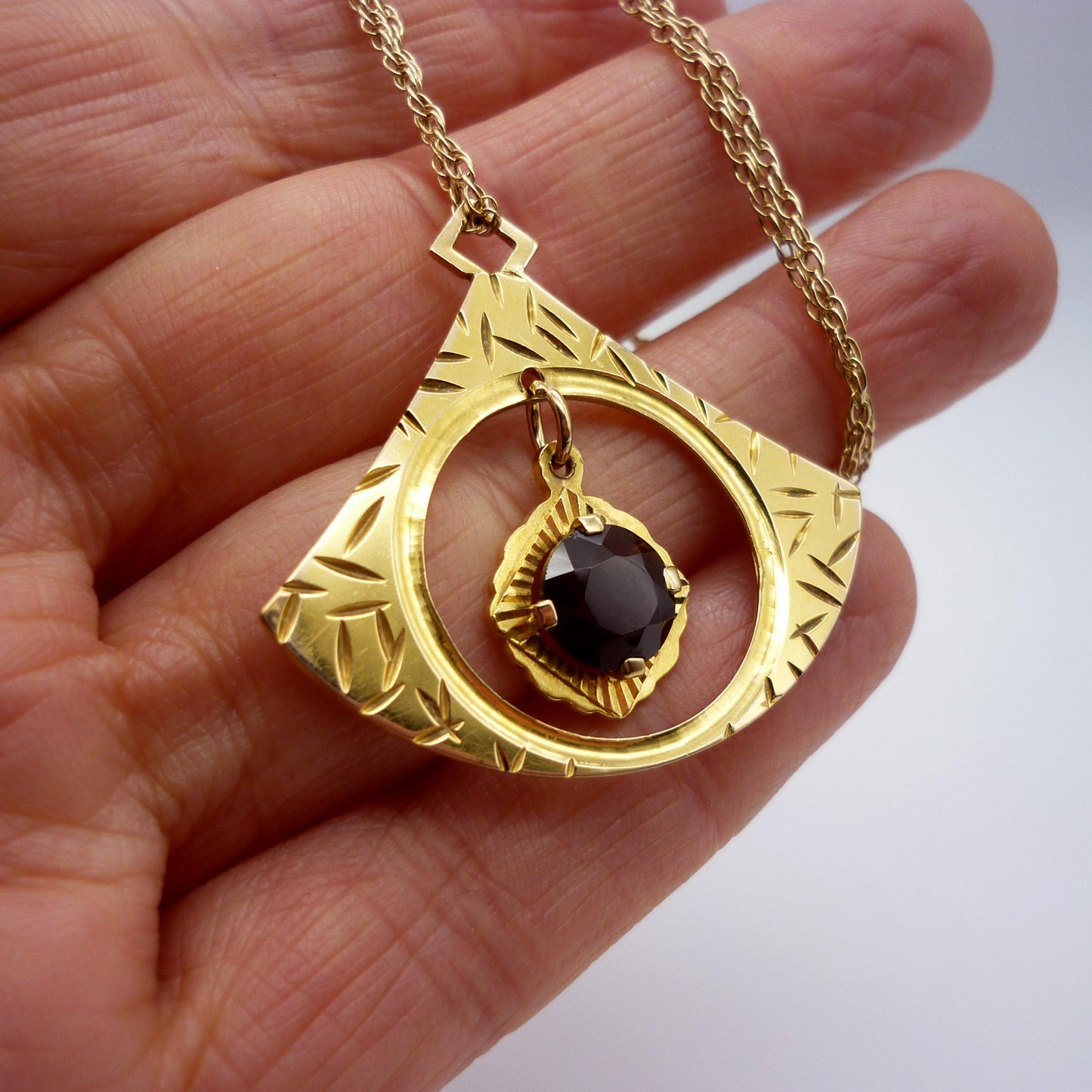 Vintage 1960s Gold Fan Pendant Necklace: Red Spinel, Brody Williams & Sons
