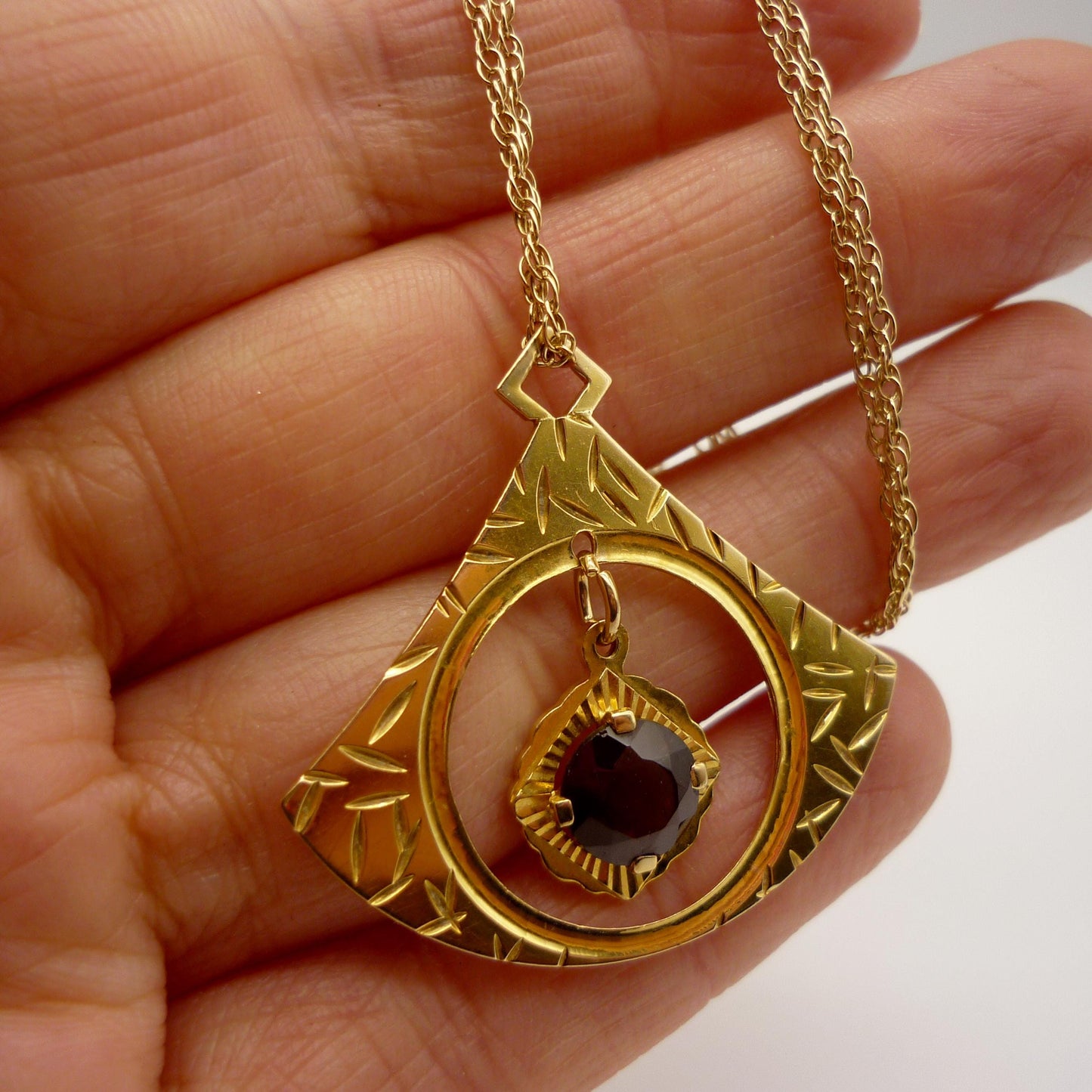Vintage 1960s Gold Fan Pendant Necklace: Red Spinel, Brody Williams & Sons