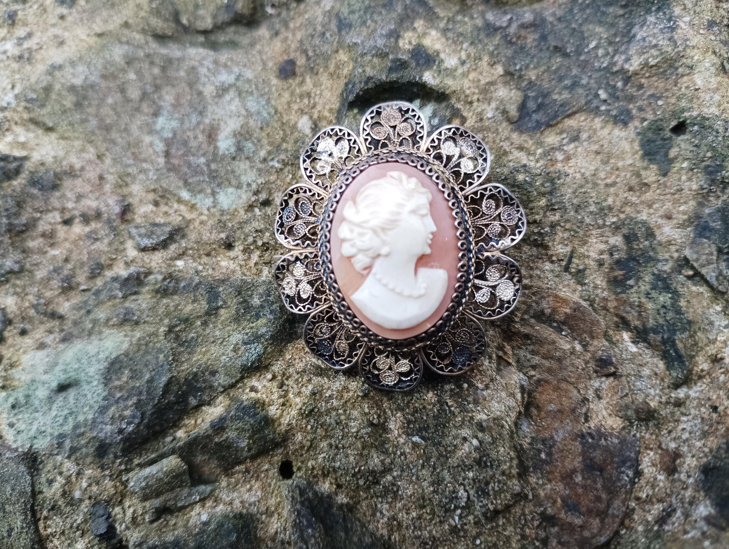 Antique Cameo Brooch Pendant: Edwardian 900 Silver Filigree, Gold Plated Shell