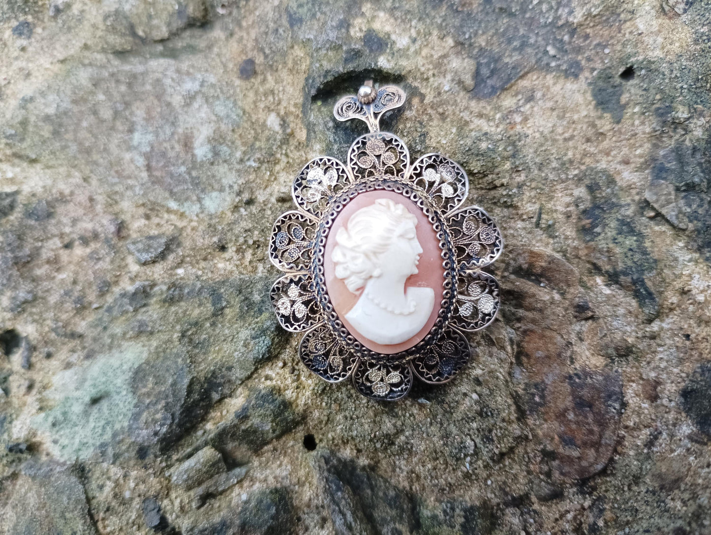 Antique Cameo Brooch Pendant: Edwardian 900 Silver Filigree, Gold Plated Shell