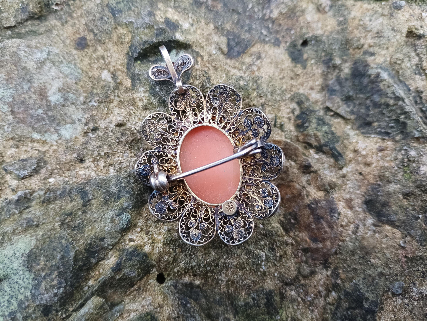 Antique Cameo Brooch Pendant: Edwardian 900 Silver Filigree, Gold Plated Shell