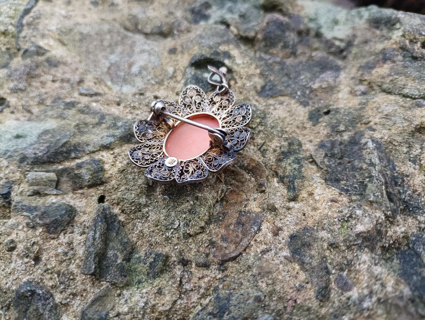 Antique Cameo Brooch Pendant: Edwardian 900 Silver Filigree, Gold Plated Shell