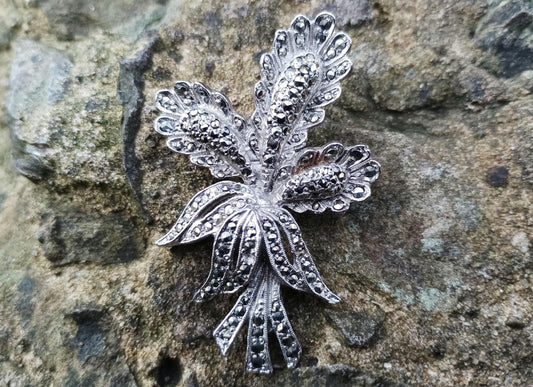 Marcasite  Flower Stem & Bow Brooch
