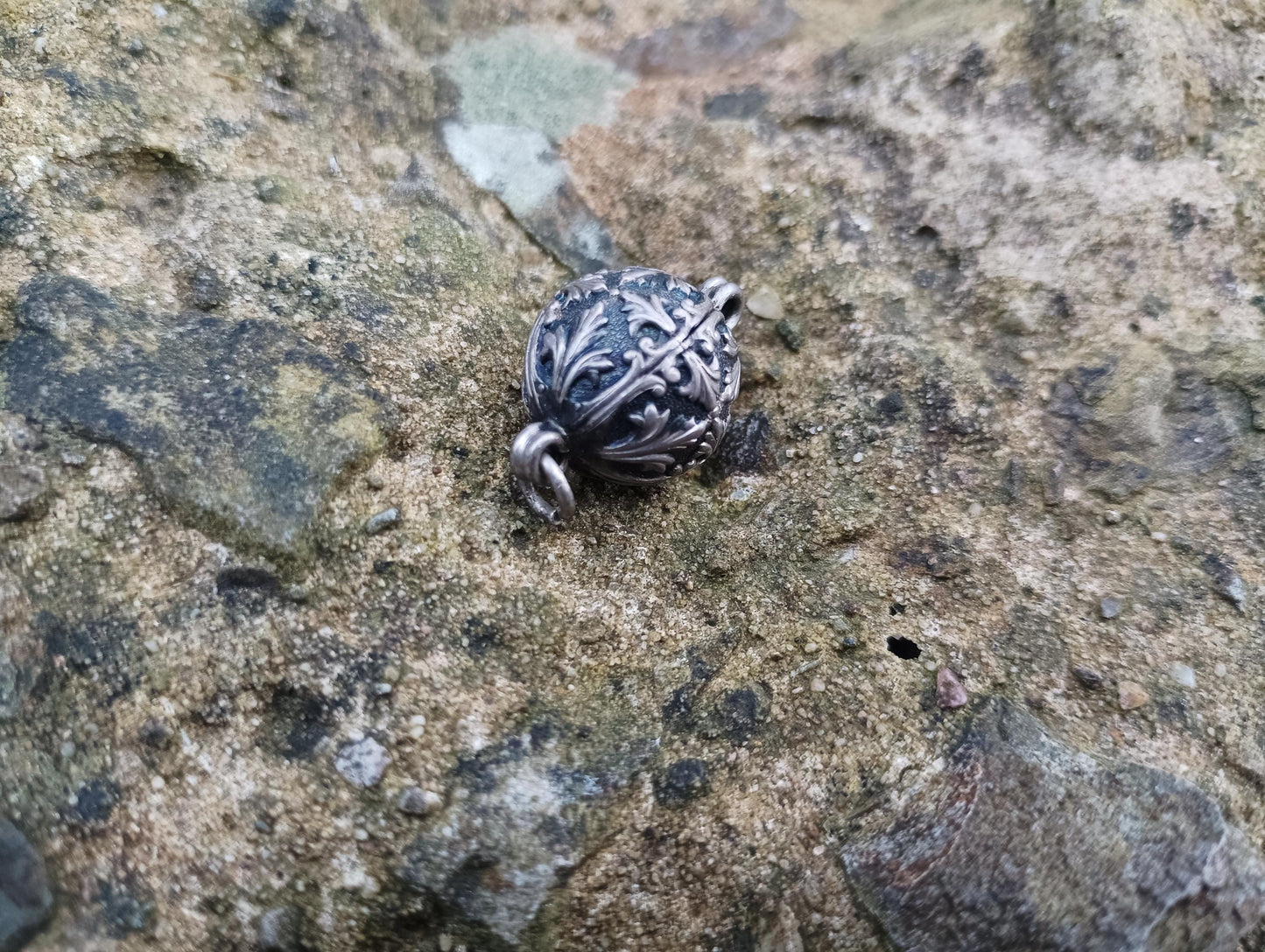 Antique Metal Charm: Ornate Vintage Sphere Pendant