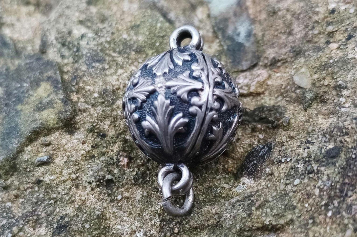 Antique Metal Charm: Ornate Vintage Sphere Pendant