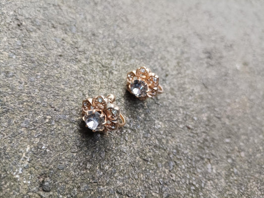 Vintage Floral Crystal Earrings: Gold Plated Screw Back, 1960s