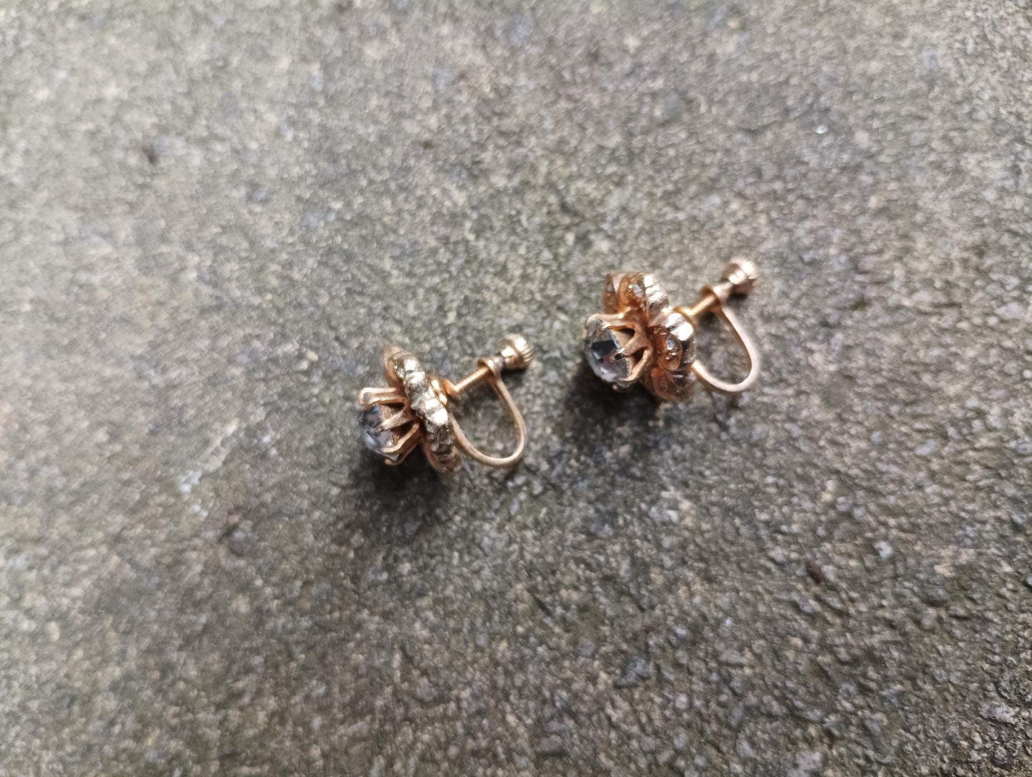 Vintage Floral Crystal Earrings: Gold Plated Screw Back, 1960s