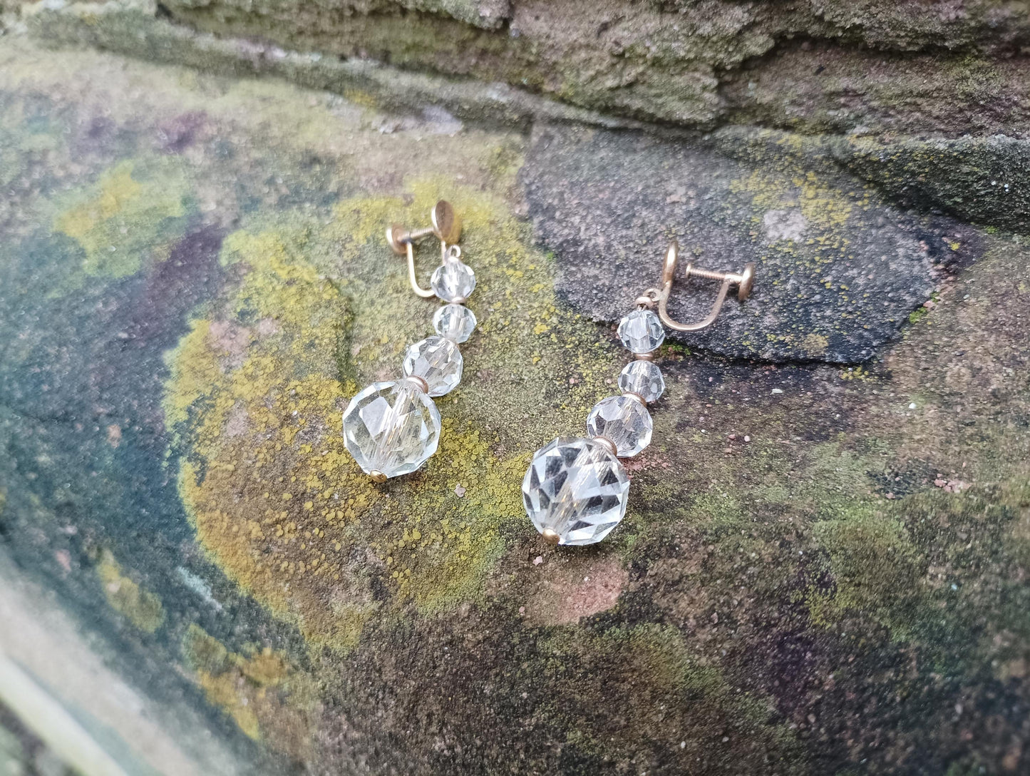 Vintage Art Deco Crystal Dangle Earrings, Gold Plated Screw Back