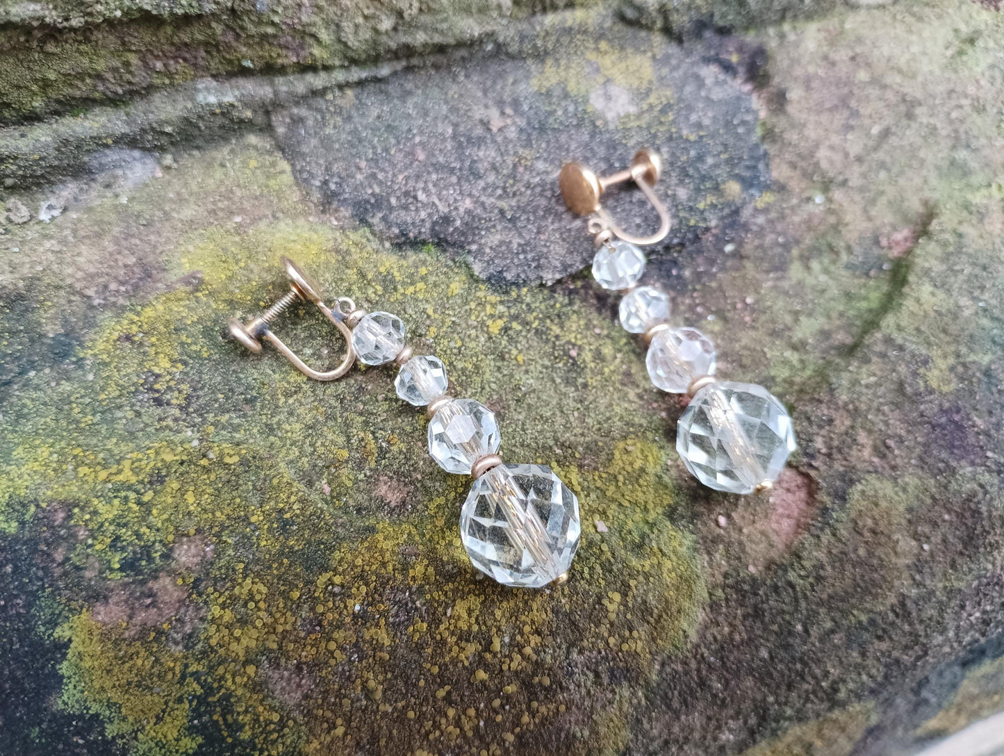 Vintage Art Deco Crystal Dangle Earrings, Gold Plated Screw Back