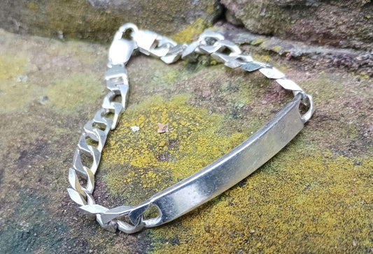 Vintage Sterling Silver Curb Chain Bracelet: Blank Identity Plate, Men's Jewelry
