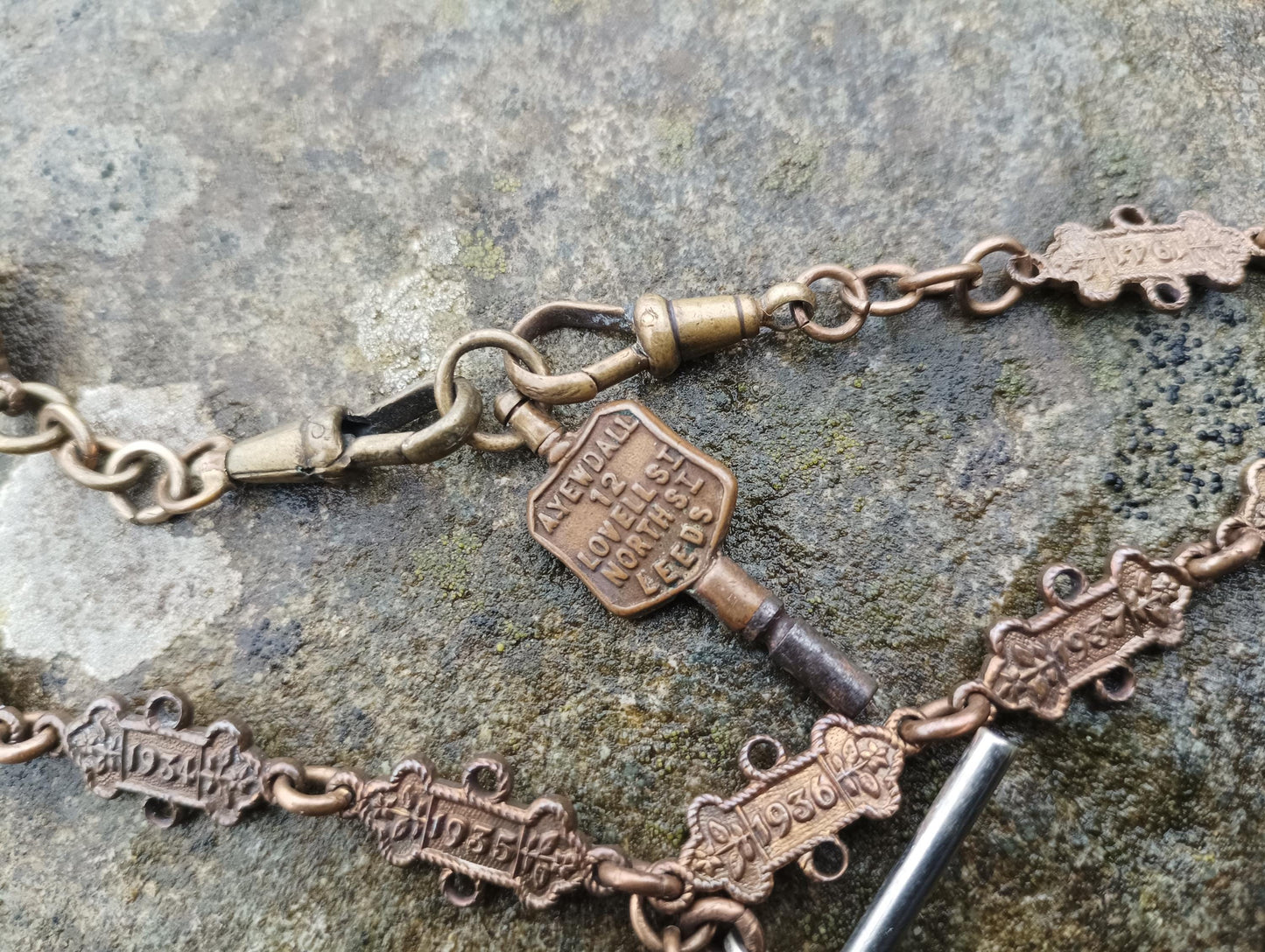 Antique Bronze St John's Ambulance Albert Chain: WW2 Medal, Watch Key