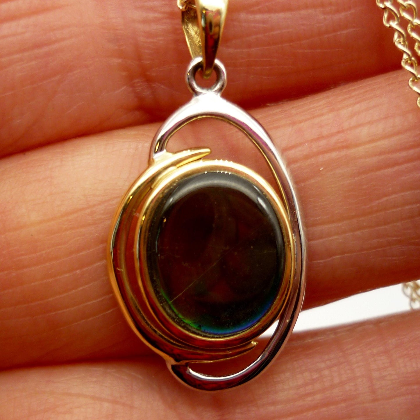 Vintage 14k Ammolite Pendant on Chain, White & Yellow Gold Necklace